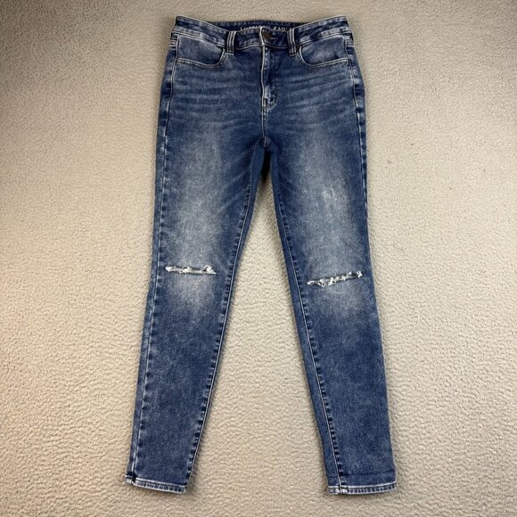 American Eagle Jeans Womens Sz 8 Blue Super Stretch Hi-Rise Jegging Ripped Knees - Picture 1 of 9